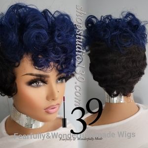 100% human hair blue pixie wig